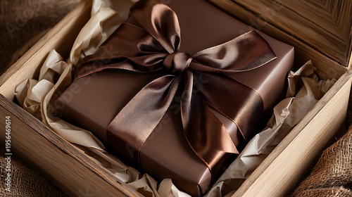 Luxurious mocha brown gift box with elegant satin ribbon bow nestled in rustic wooden crate with textured paper filler warm soft lighting creating a sophisticated and celebratory