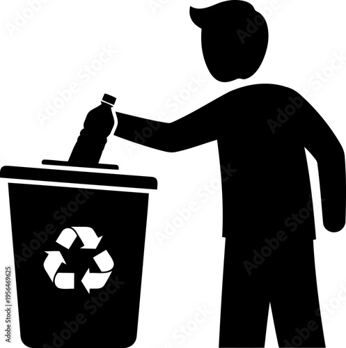 Man Recycling Plastic Bottle in Trash Bin Silhouette Illustration.