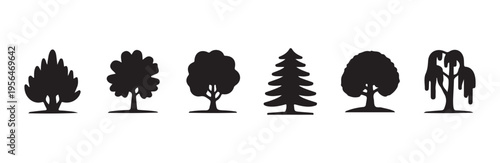 Minimalist tree silhouette collection featuring spruce and leafy variations vector graphics