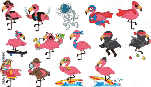 Funny Flamingo Characters in Costumes Set Featuring Pirate Astronaut Superhero Ninja Detective Skater Surfer and Party Styles Cartoon Vector Illustration Collection for Kids Design