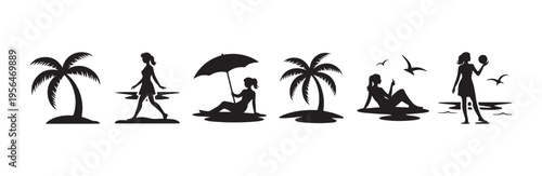 Women on tropical beach silhouette vector illustration, summer vacation and leisure graphic