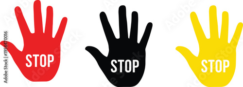 Stop hand symbol set red black yellow warning palm sign vector illustration safety prohibition caution signal design icon