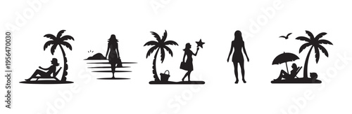 Beach scene silhouette with palm trees woman and chaise lounge