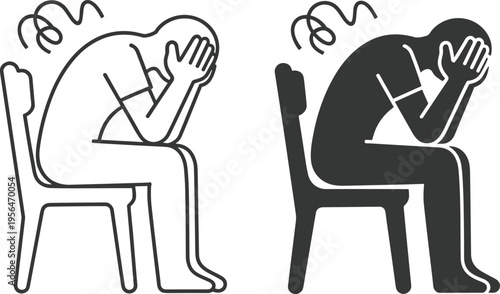 Stressed person sitting on chair icon set outline and solid style mental anxiety depression problem vector illustration isolated on white background