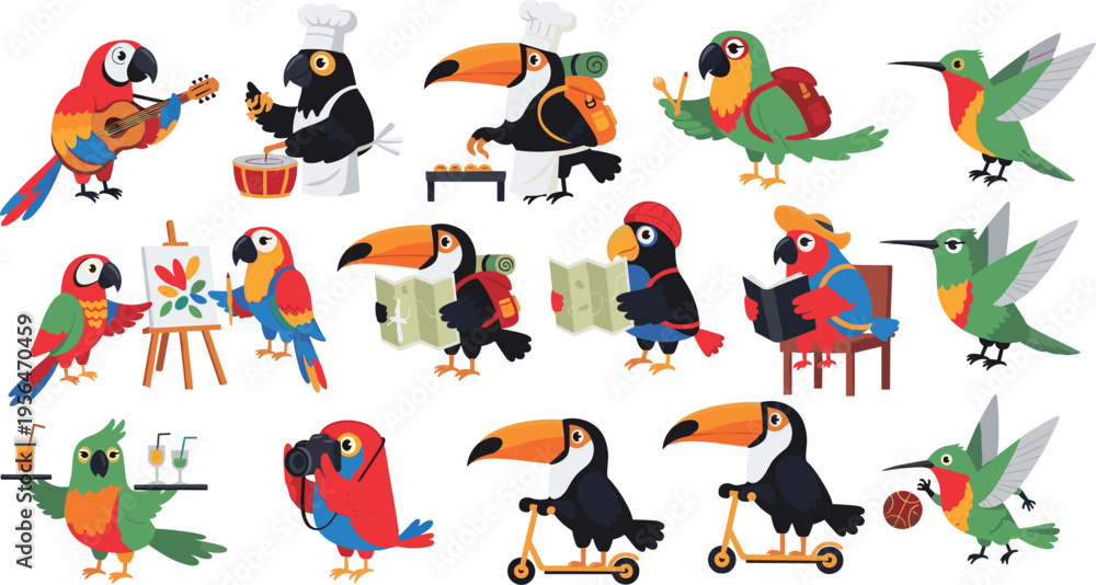Fototapeta premium Cute Tropical Bird Characters Performing Activities Set Featuring Parrot Toucan Hummingbird Cooking Painting Traveling Reading Music and Photography Cartoon Vector Illustration Collection