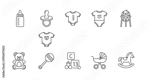 Baby items icon set with bottle pacifier and toys on white background