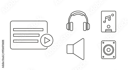 Audio icons for music playback and sound system elements in a minimalist style