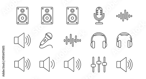 Audio icons set speakers microphone headphones sound waves and volume