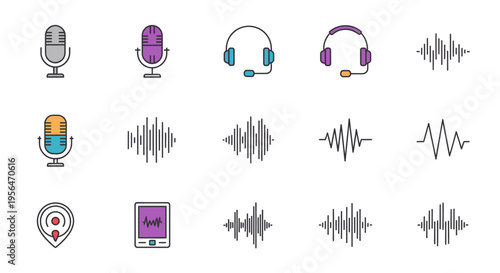 Audio recording and streaming icons collection for digital media