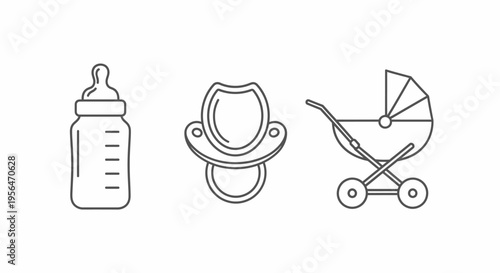 Baby essentials bottle pacifier and stroller icons for design and illustration
