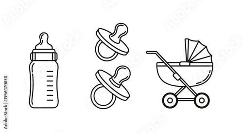 Baby essentials bottle pacifiers and stroller illustrated in vector style