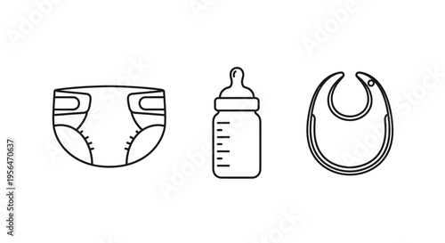 Baby essentials diaper bottle and bib outline isolated on white