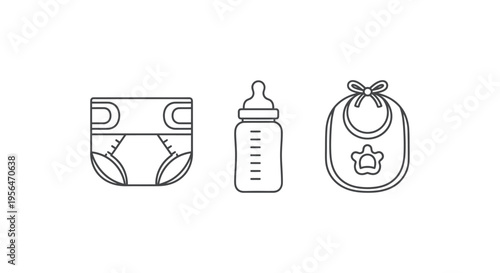 Baby essentials diaper bottle bib icons isolated white background