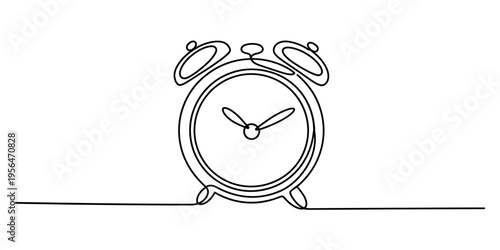 Single line continuous drawing of a classic twin bell alarm clock on a white background Vector, illustration