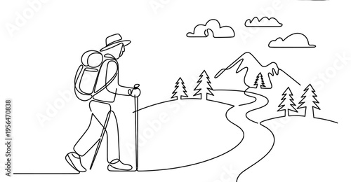 Continuous line drawing of a male hiker with a backpack and walking sticks trekking through nature Vector, illustration