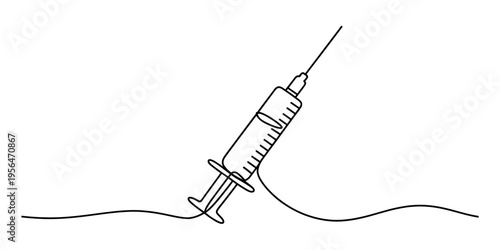 Continuous line drawing of a medical syringe for vaccination and medical treatment on white background. Vector, illustration