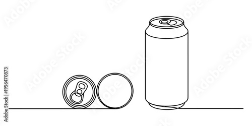 Minimalist continuous line art illustration of an aluminum soda can with top and bottom views. Vector, illustration