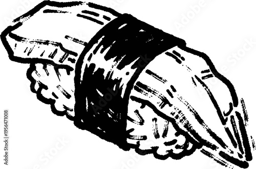 hand drawn sushi nigiri with fish on rice wrapped in seaweed, japanese traditional food sketch illustration