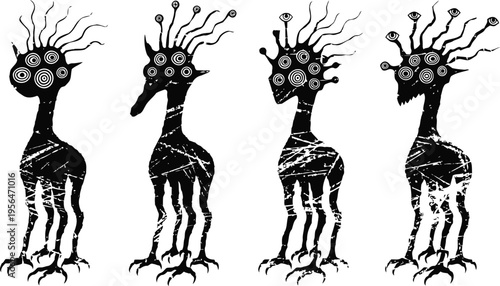 Primitive tribal symbols of four abstract animals with eyes on stalks and spiral patterns