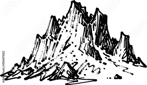 Rugged mountain peaks sketch with jagged rocky slopes and scattered boulders drawing