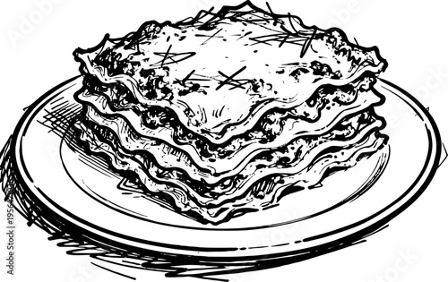 Classic lasagna slice on plate italian layered pasta with cheese and sauce illustration