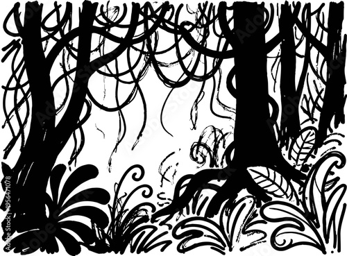 Dense jungle silhouette with thick trees and swirling vines in a tropical rainforest scene
