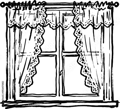 vintage window with lace curtains and scalloped valance in black and white line art