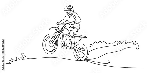 Continuous line drawing of a motocross rider performing a jump on a dirt bike in the air. Vector, illustration