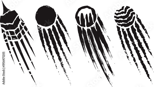 black comet and meteor icons with trailing lines space symbols and meteorite silhouettes in grunge