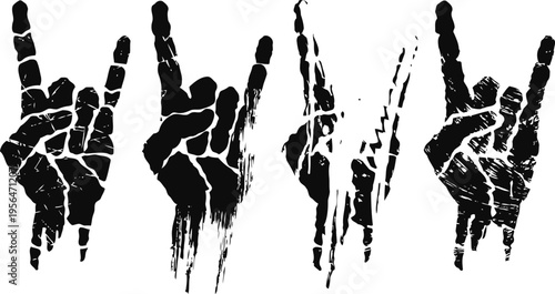 Grunge rock hand sign silhouettes, metal horns gesture set, music culture and rebellious symbols