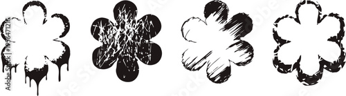 grunge flower shapes set with distressed and worn textures abstract floral design elements in black and white