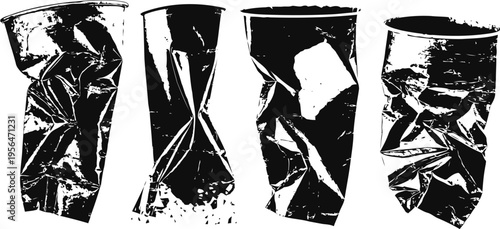 crumpled aluminum foil sheets in various shapes and sizes on white background