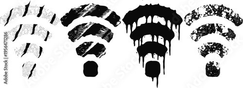 wifi signal icons with grunge and drip paint design variations in black and white