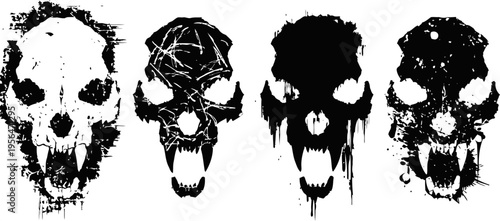 Four black ink skull silhouettes with dripping and scratched textures on white background