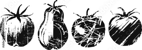 grunge tomato and squash vegetables silhouette set with distressed texture design