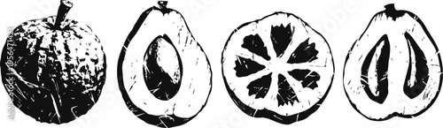illustration of whole and halved tropical fruits showing detailed internal and external textures