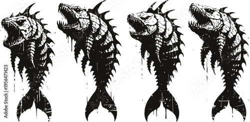 Set of monstrous fish silhouettes with sharp teeth and spiky fins in dark ink