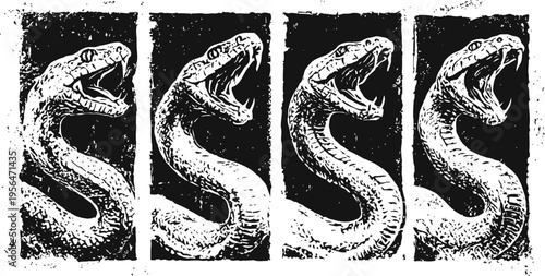 Four black and white vintage snake head illustrations with open mouth showing fangs and tongue