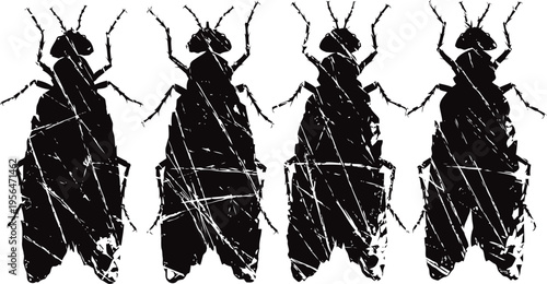 grunge textured silhouette illustration of four cockroaches in a row, black isolated insects