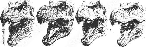 four black and white dinosaur skull illustrations showing open jaws and sharp teeth