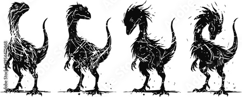 vector silhouettes of stylized fantasy dragon creatures in different standing poses