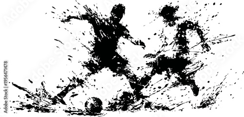 Dynamic soccer players competing for ball in energetic paint splatter illustration