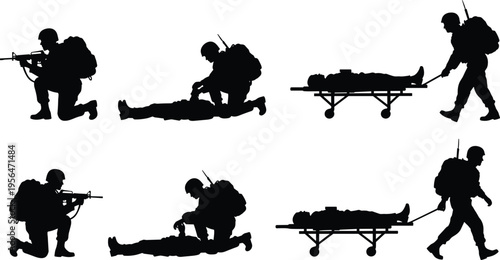 Military soldier silhouette combat medic rescue battlefield evacuation injured stretcher army war emergency aid tactical operation vector illustration set