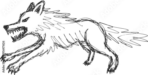 Aggressive wolf sketch with sharp teeth and fierce expression, dynamic running pose