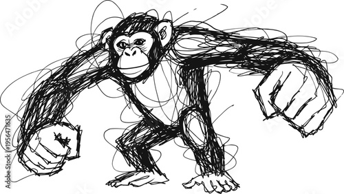 angry gorilla drawing wild animal aggressive pose with clenched fists black ink sketch aggressive ape illustration