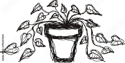 Wilting potted plant with drooping leaves sketch hand drawn houseplant illustration showing poor health and care
