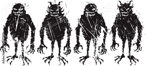 spooky eerie monster silhouettes with menacing claws and grinning faces in dark horror