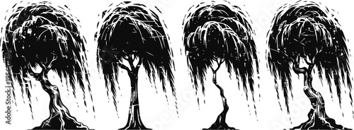 Ink black willow tree silhouettes set with bent and twisting trunks and drooping branches in artistic