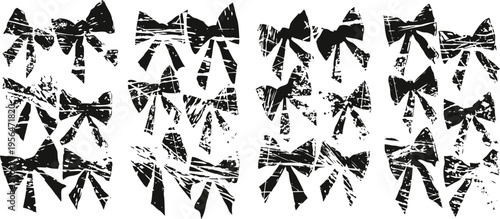 grunge black bow silhouettes set vintage decorative ribbon design elements with distressed texture