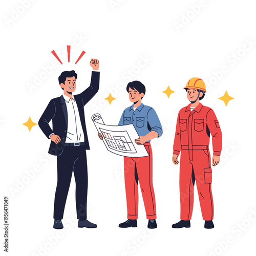 Construction Team Success Celebration Blueprint Project Management Building Design Engineering Achievement Happy Professionals Business Partnership